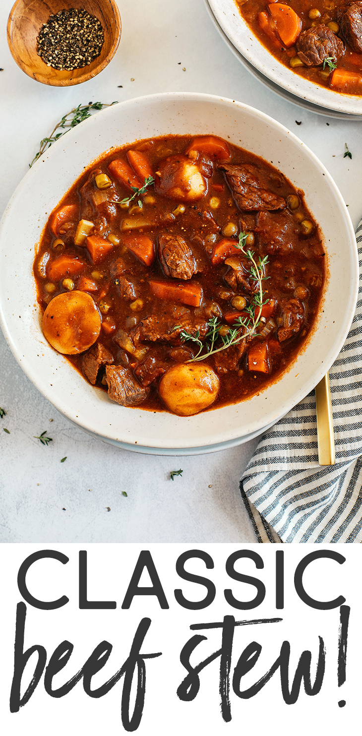 This classic hearty Beef and Tomato Stew is loaded with tender beef, melt-in-your-mouth potatoes, veggies and fresh herbs!  Perfect cozy recipe for a chilly weekend at home and can easily be made in your Instant Pot, slow cooker or even right on the stove!