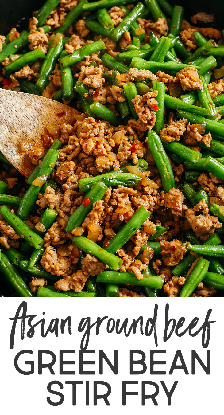 Quick and flavorful Ground Turkey and Green Bean Stir Fry easily made in under 20 minutes all in one pan!  Lean ground turkey with crisp green beans all tossed together in the most delicious Asian-inspired sauce that's better than take-out!