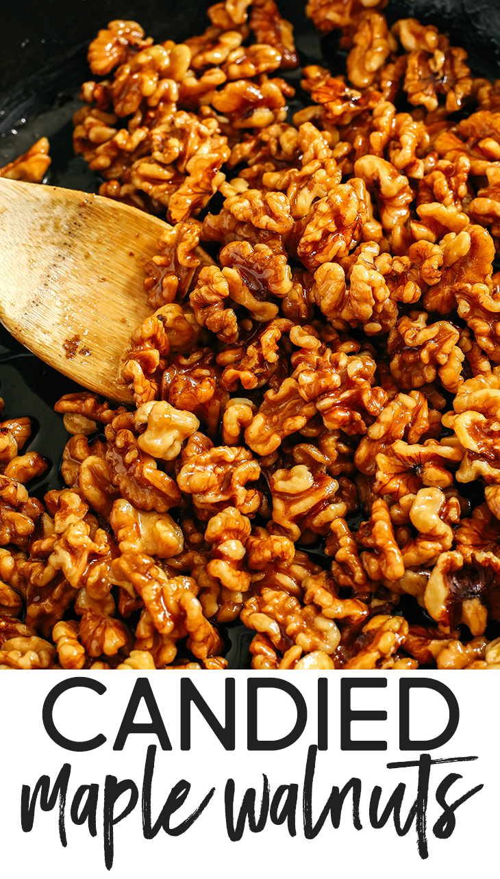 Sweet and crunchy Candied Maple Walnuts easily made in under 10 minutes with only 4 simple ingredients and naturally sweetened with maple syrup, vanilla and cinnamon!  The perfect addition to salads, cheeseboards, desserts or enjoy as a delicious snack!