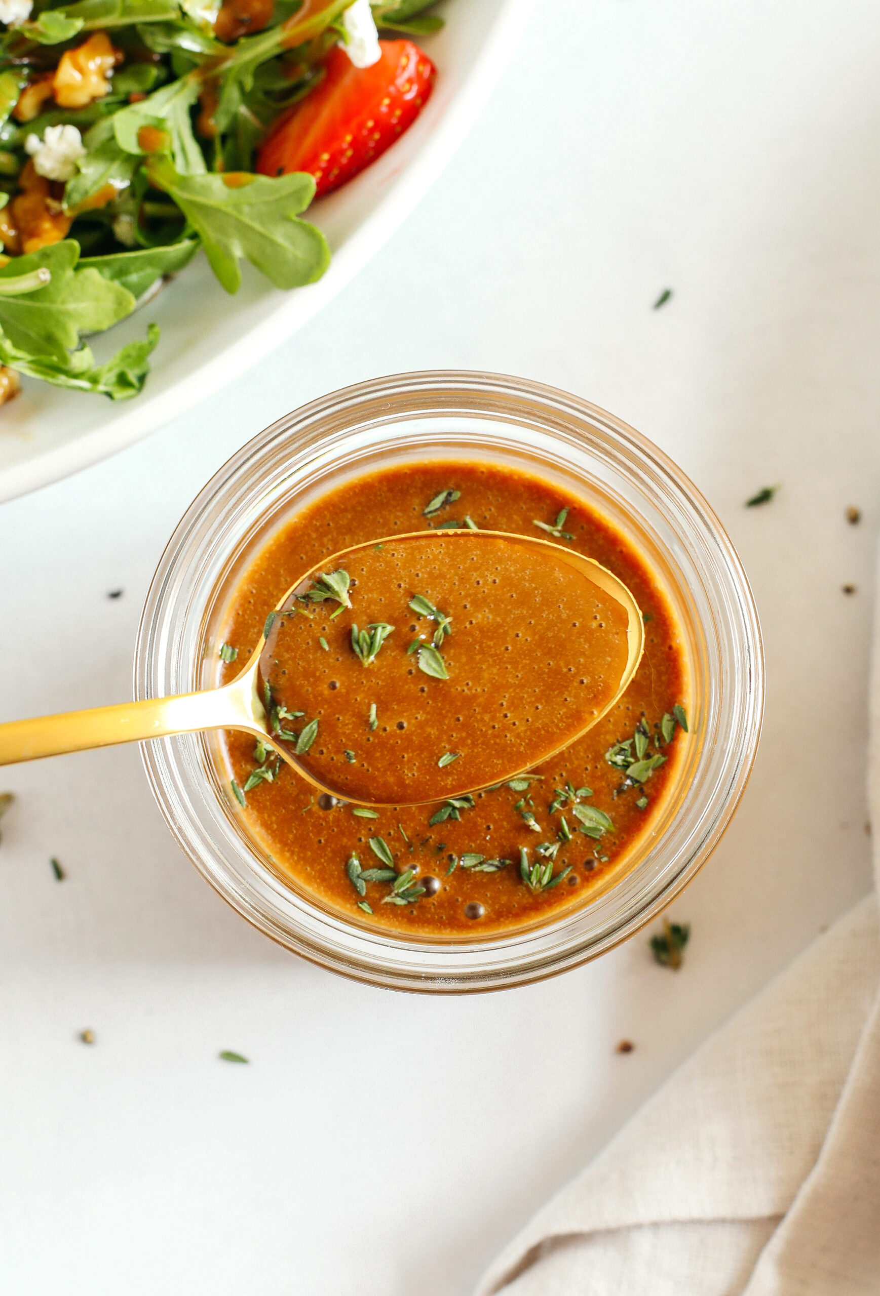 This Maple Balsamic Herb Dressing is fresh, tangy and made in just minutes with only 5 simple ingredients!  Perfect for salads, veggies, marinades, and more!