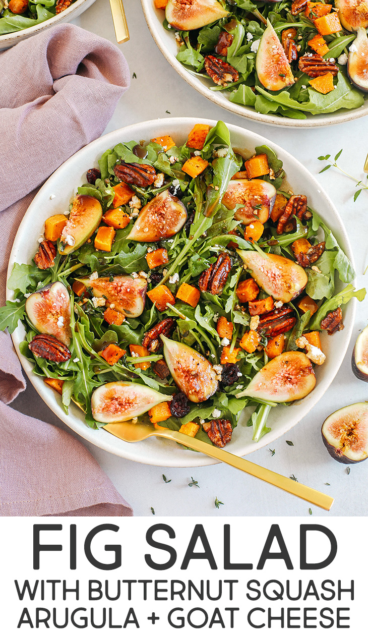 This Fig Salad with Roasted Butternut Squash is the perfect fall salad loaded with leafy greens, fresh figs, crunchy pecans, and creamy goat cheese all tossed with a rich balsamic dressing!