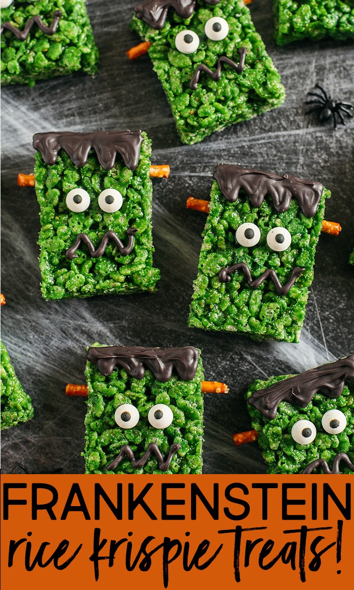 Delicious, melt-in-your-mouth spooky Frankenstein Rice Krispie Treats made healthier with creamy peanut butter, honey and vanilla easily made in just 15 minutes! The perfect treat for Halloween that your kids will love!