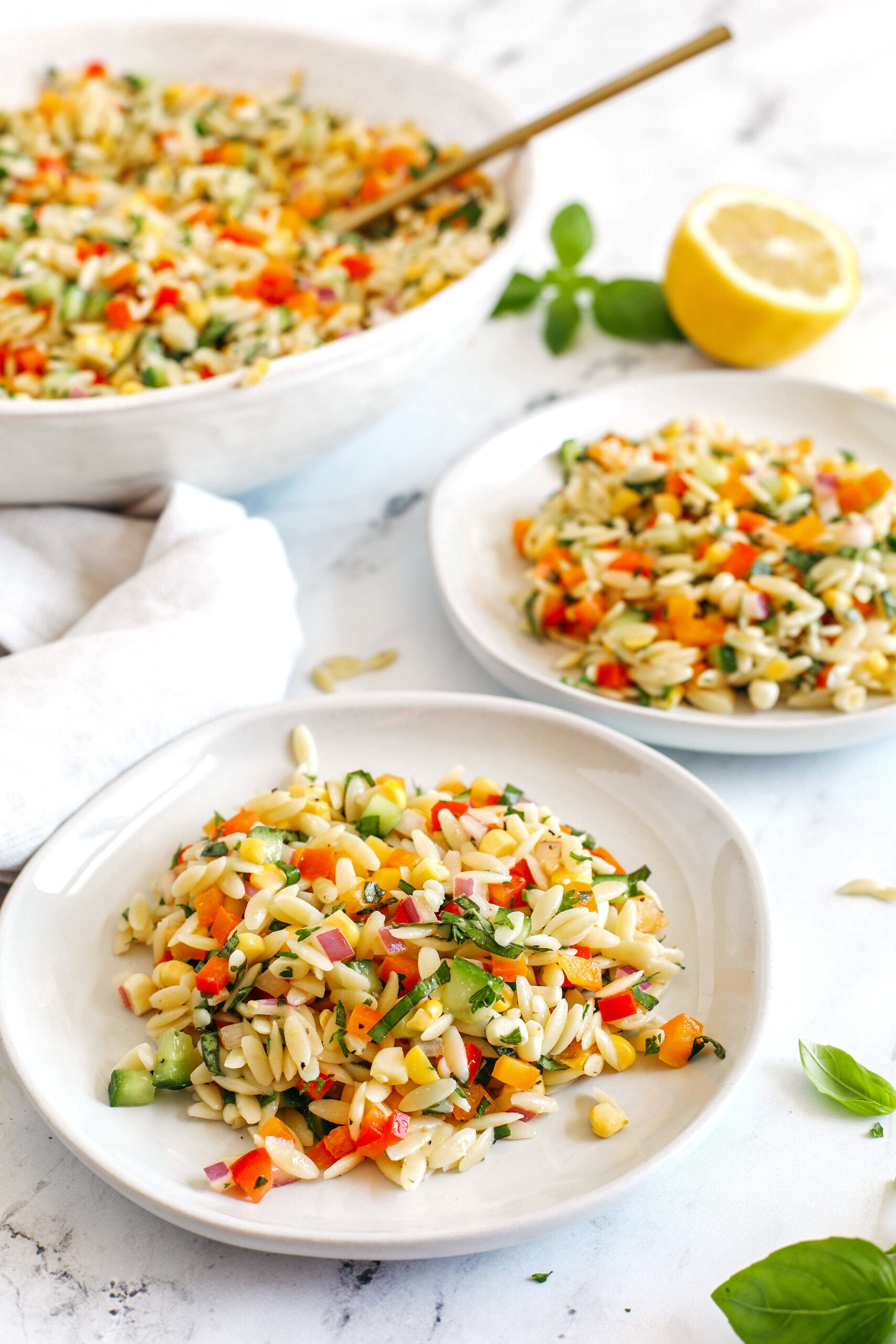 This Rainbow Orzo Salad makes the perfect summer side dish!  Loaded with colorful veggies, fresh herbs and tender orzo pasta, all tossed together with a delicious lemon herb dressing and easily made in just minutes!