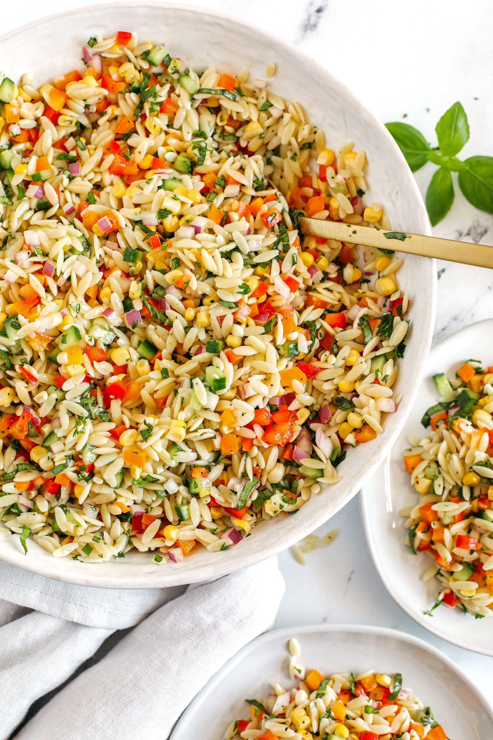 This Rainbow Orzo Salad makes the perfect summer side dish!  Loaded with colorful veggies, fresh herbs and tender orzo pasta, all tossed together with a delicious lemon herb dressing and easily made in just minutes!