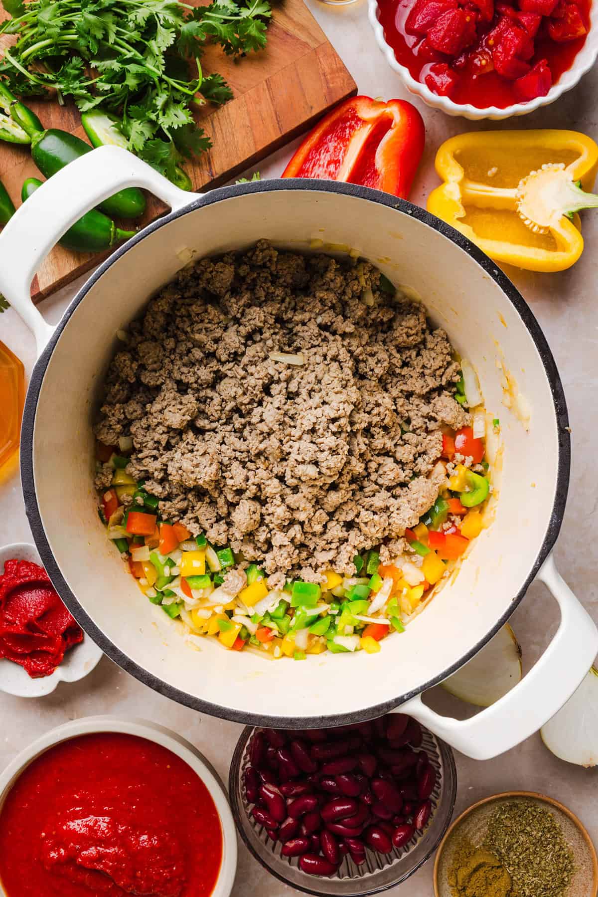Healthy turkey chili with ground turkey and sautéed vegetables.