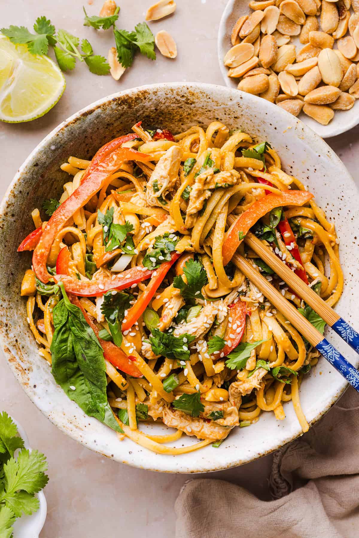 These Saucy Peanut Noodles are loaded with shredded chicken, bell pepper, green onions, crunchy peanuts and fresh herbs all tossed together in a delicious peanut sauce! Great for a weeknight dinner or meal prep lunch made in just 20 minutes!