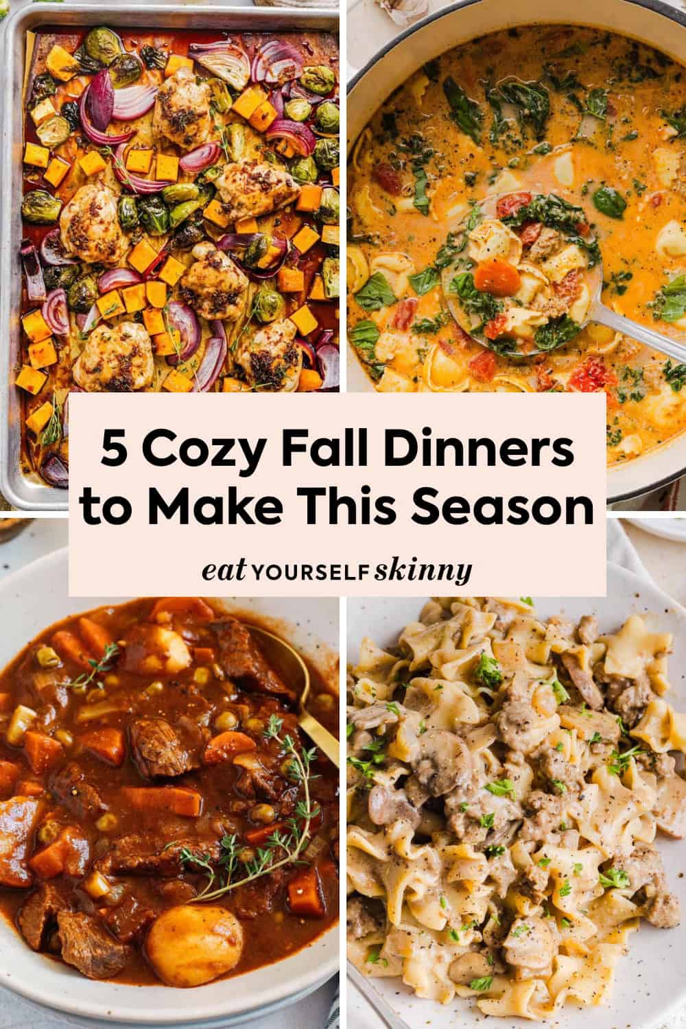 These 5 cozy fall dinners are healthy, easy and packed with comforting seasonal flavors. From creamy soups and hearty stews to an easy sheet pan dinner, these family-friendly meals are perfect for chilly fall nights.