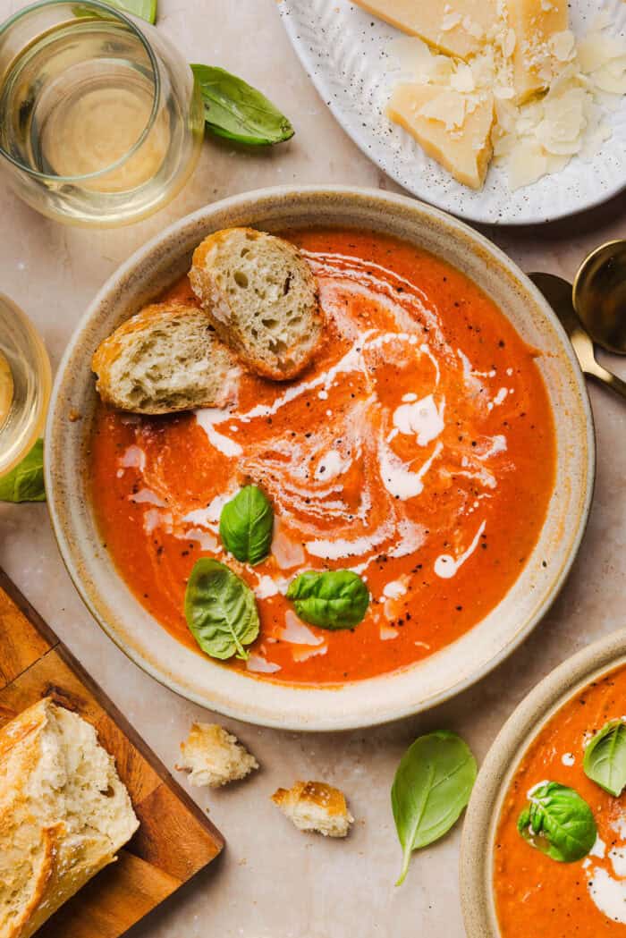 This Creamy Tomato Basil Soup is rich, cozy and full of fresh tomato flavor! Made with San Marzano tomatoes, fresh basil and a touch of creaminess, this easy one-pot soup is the ultimate comfort food. Serve it with crusty bread or a classic grilled cheese for the perfect cozy meal.