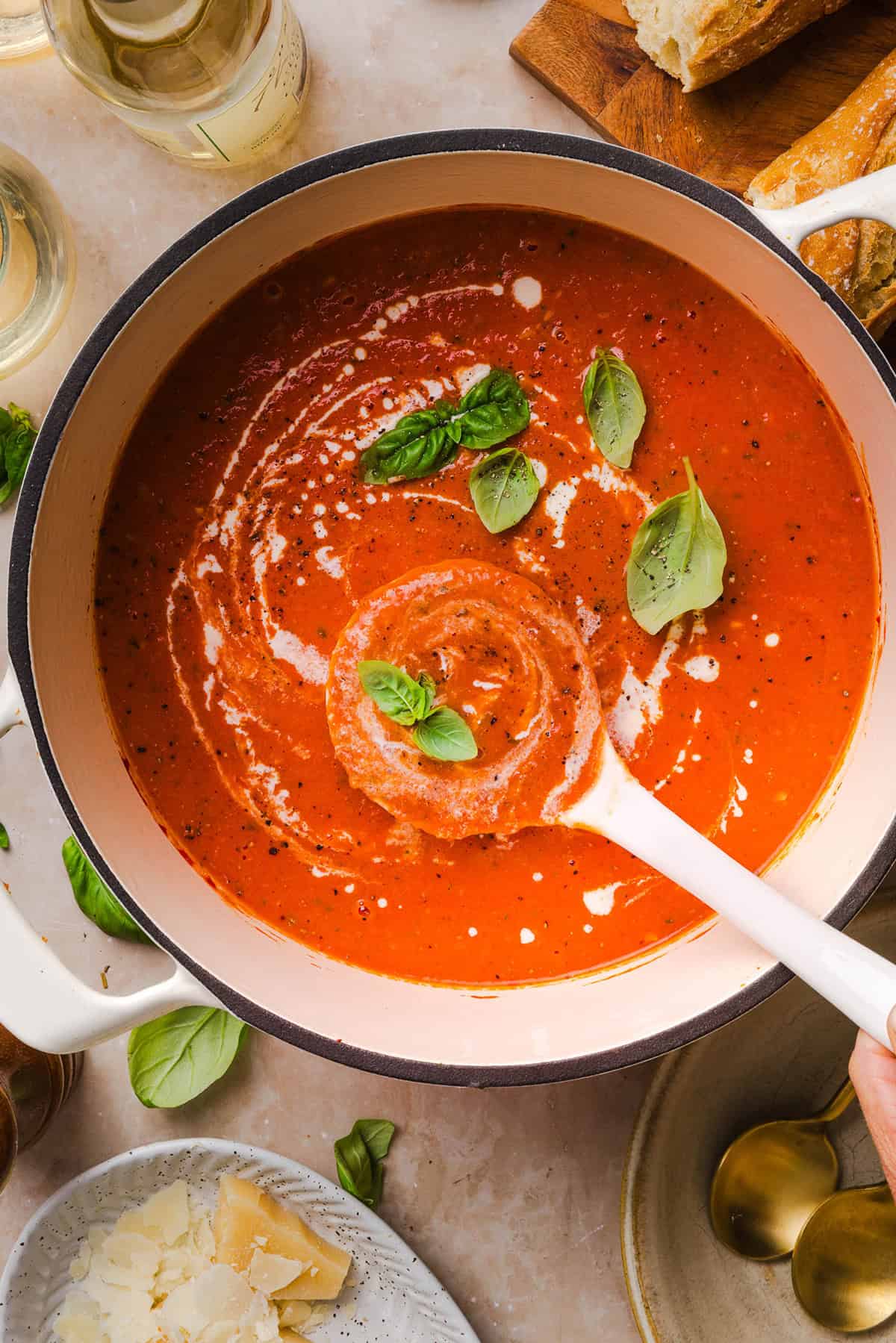 Tomato basil soup with added cream ready to serve