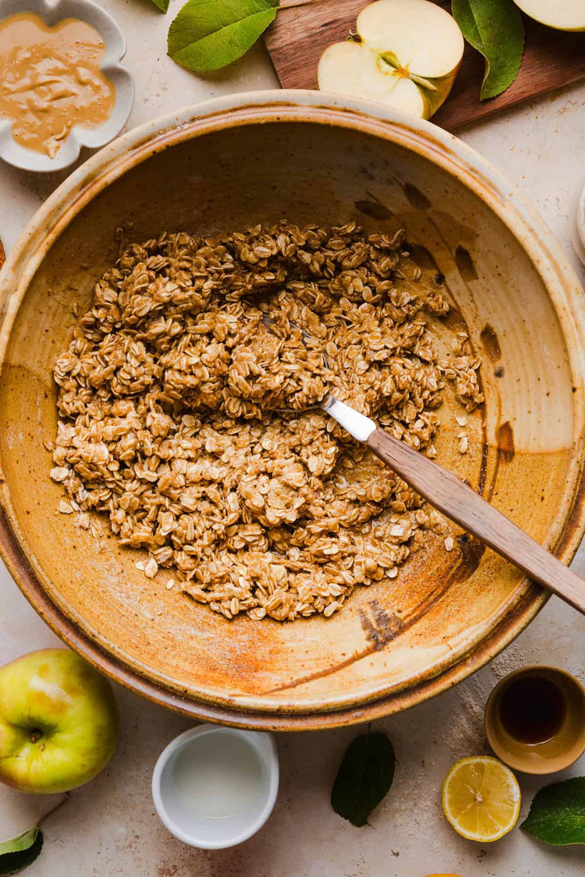 Healthy apple crumble mixture in a bowl.