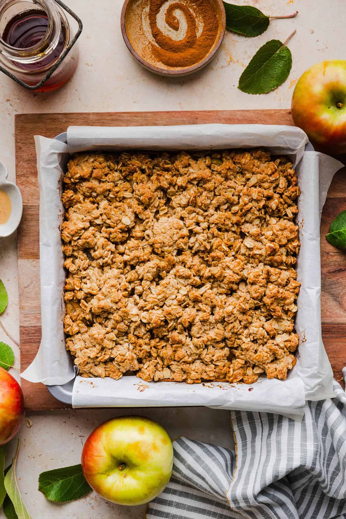 Freshly baked apple pie crumble in the pan.