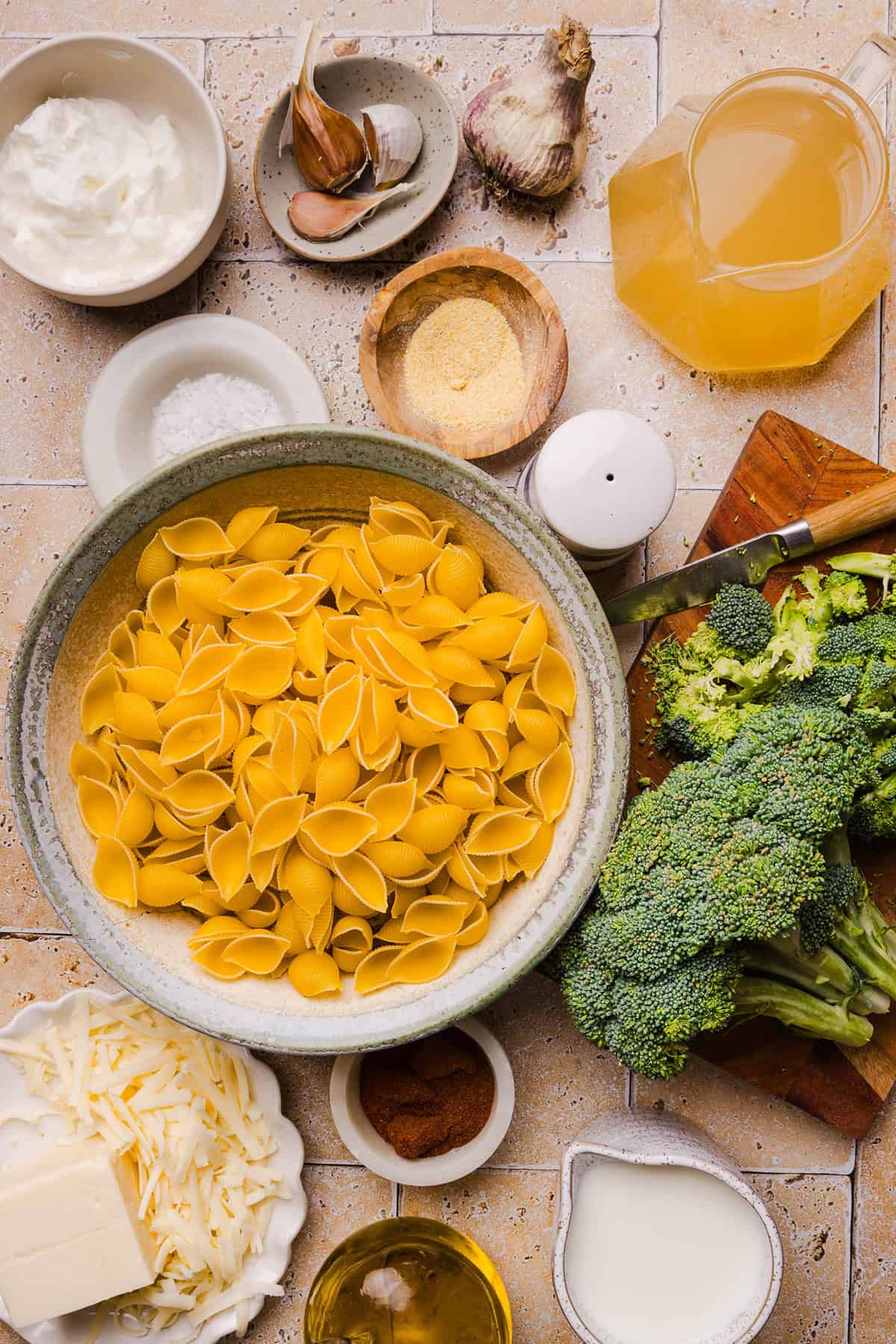 Ingredients for one pot broccoli cheddar pasta.