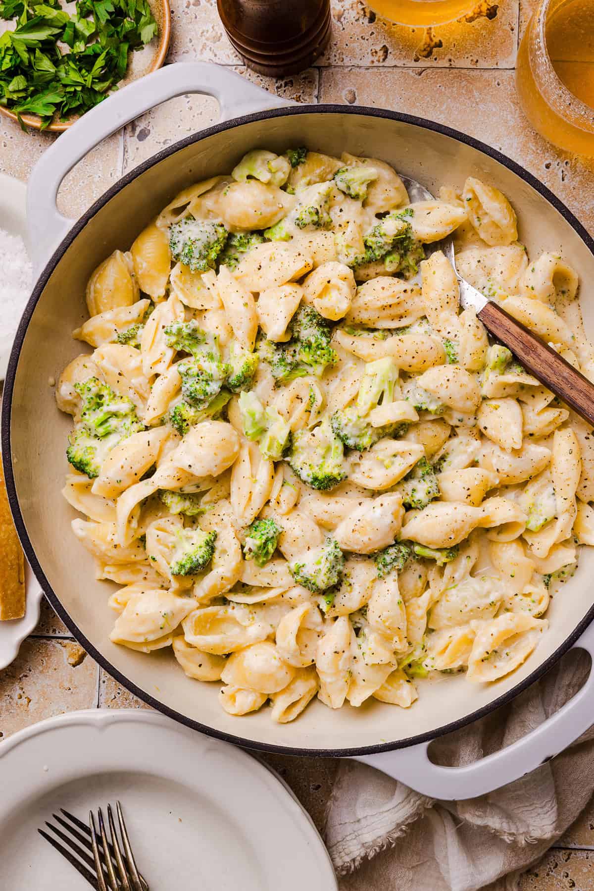 One pot creamy broccoli cheddar pasta with tender pasta shells and chopped broccoli in a cheesy sauce.