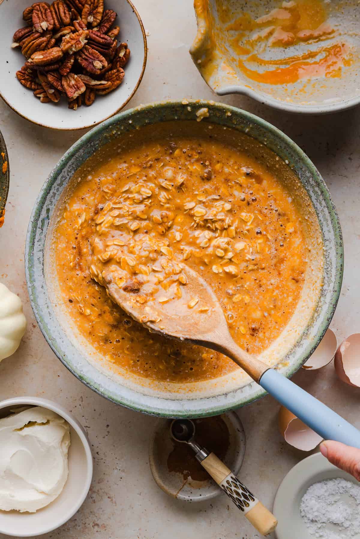 Pumpkin oat mixture in a large mixing bowl.